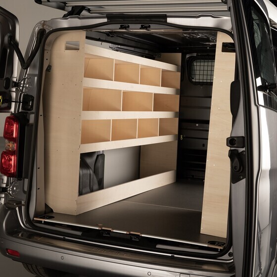 Riiulid vineerist, 4 riiulit vaheseintega, keskmisele kerepikkusele, Professional &amp; Profesional Nord mudelile - pikale seinale ilma küljeukseta, sobib 10+ mm vineerpõrandaga autole